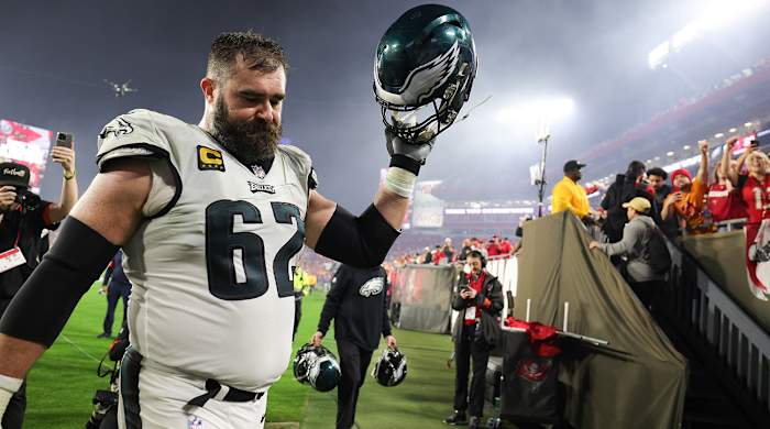 Philadelphia Eagles center Jason Kelce walks off the field after his team’s playoff loss to the Tampa Bay Buccaneers on Jan. 15, 2024.
